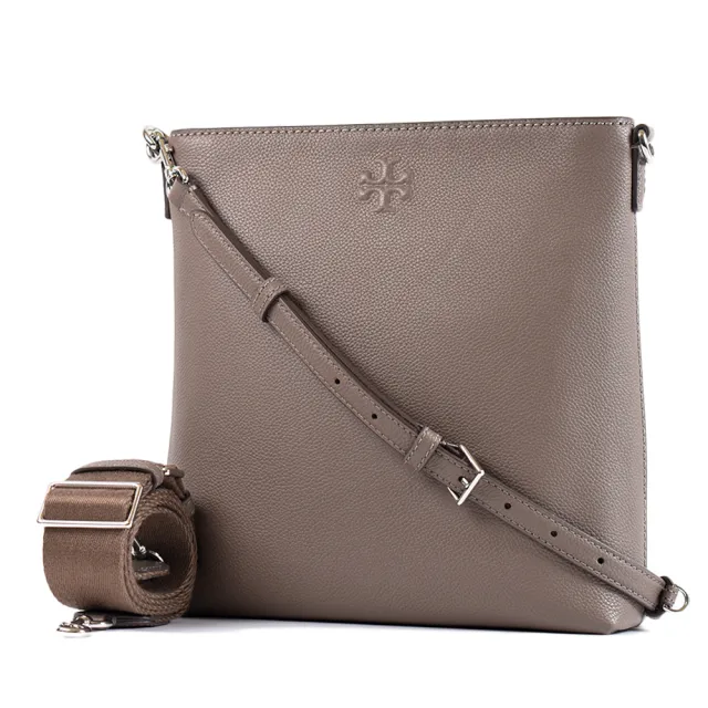 【TORY BURCH】THEA 荔枝紋雙背帶拉鍊斜背包-可可色