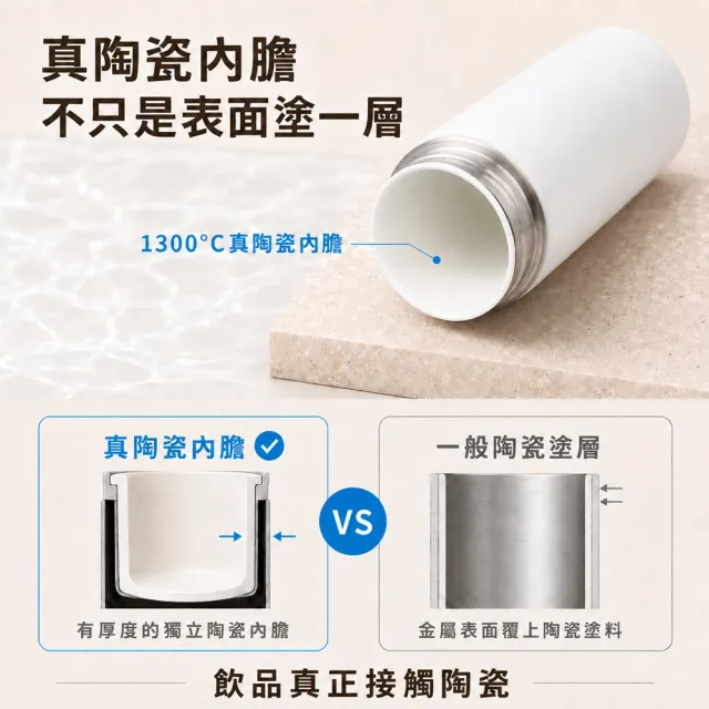 【IKUK 艾可】2入組-真陶瓷瓷芯保溫杯500ml+陶瓷內膽彈蓋380ml(特惠組/保溫瓶)