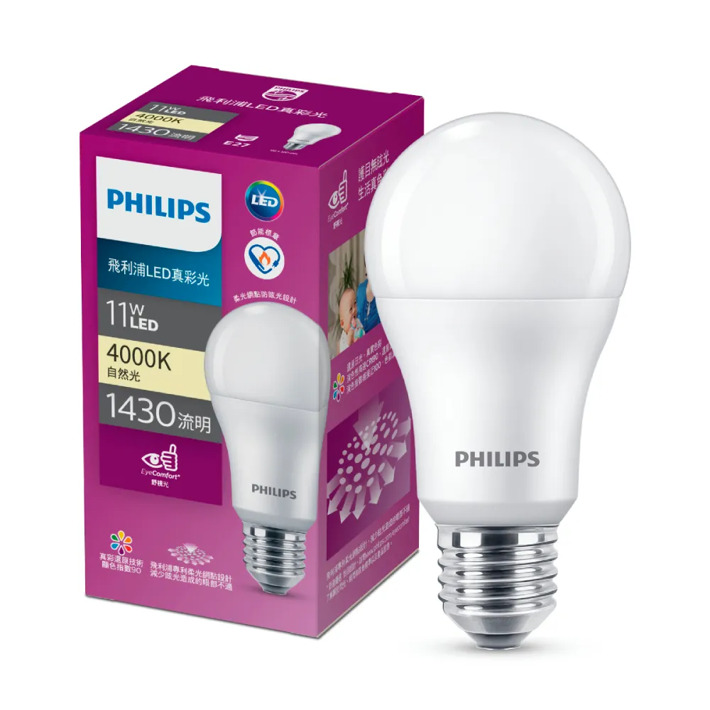 【Philips 飛利浦】11W LED真彩光燈泡 E27燈泡 3000K/4000K/6500K 單入(省電燈泡 LED燈泡 燈飾照明)