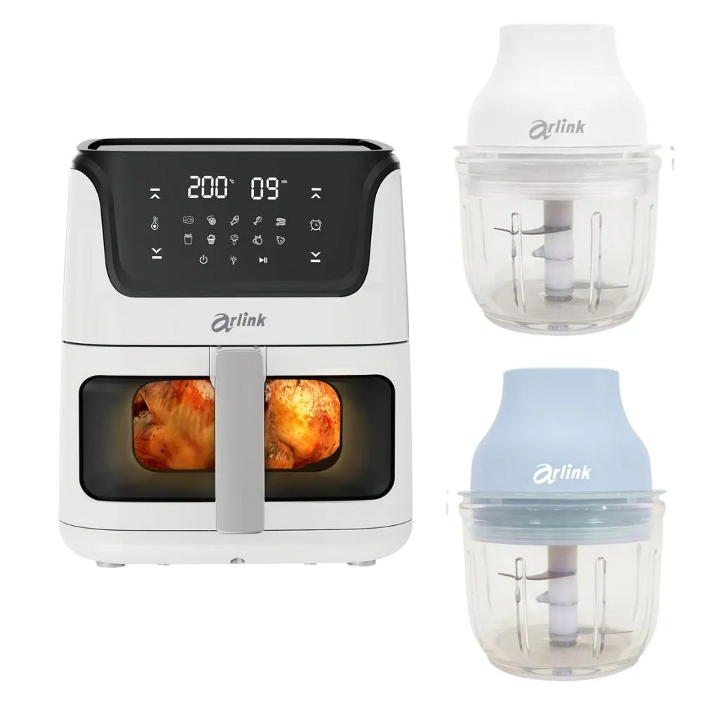 【Arlink】黑白大廚 液晶觸控6L透視氣炸鍋 AF-808 +鬆搗菜菜籽 電動食物調理機(氣炸鍋/玻璃氣炸鍋)
