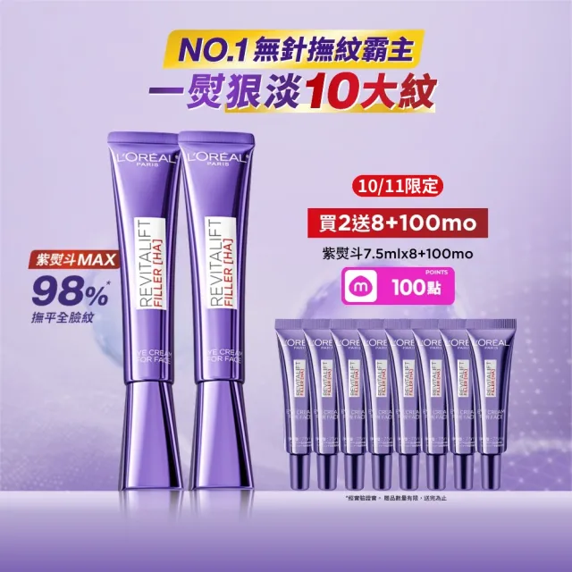 【L’OREAL Paris 巴黎萊雅】全新升級! 玻尿酸眼霜級撫紋精華霜30ml_2入(紫熨斗MAX3.0版)