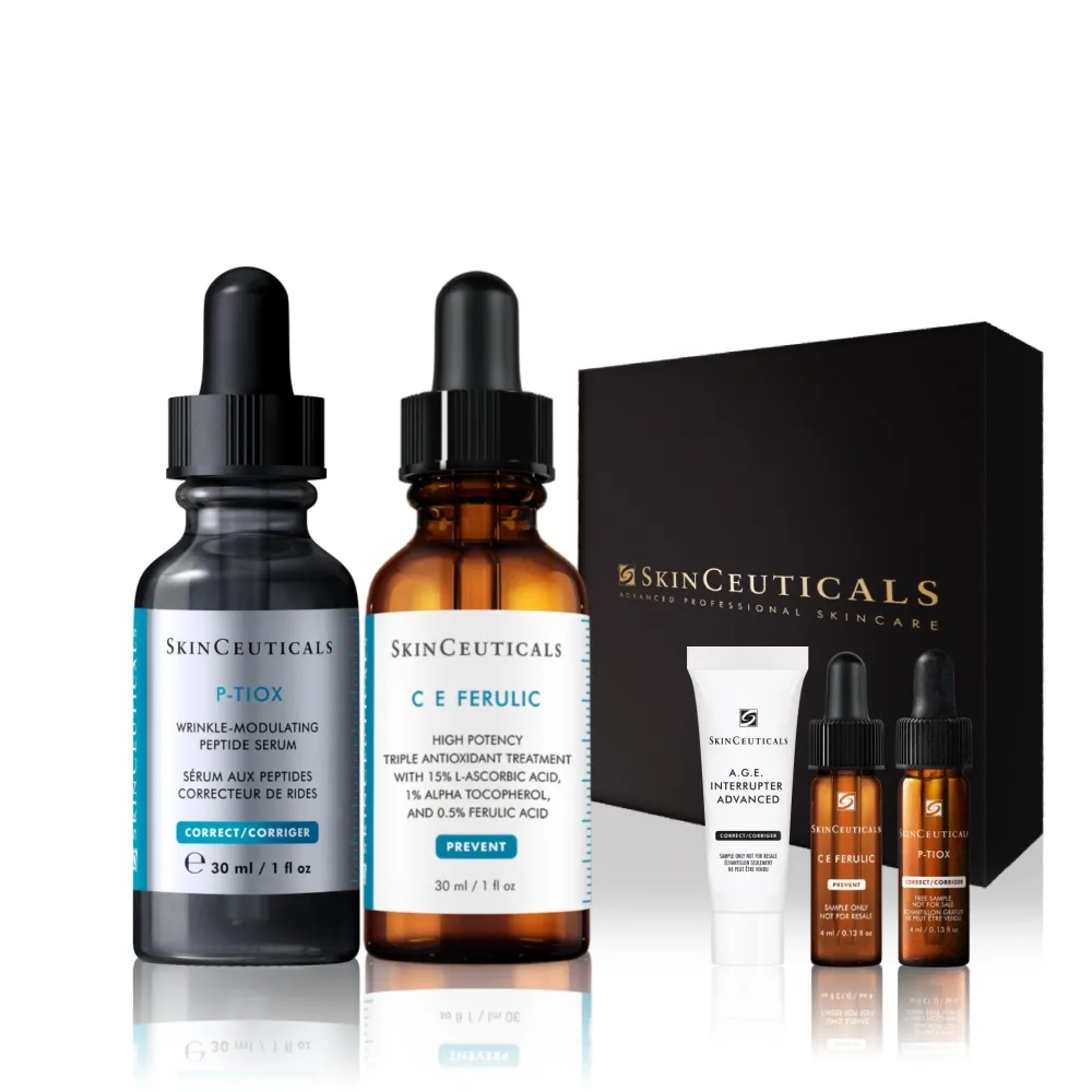 【Skin Ceuticals 修麗可】超濃度CE抗氧化精華 30ml+P-TIOX 超胜肽抗皺極光精華 30ml 禮盒組