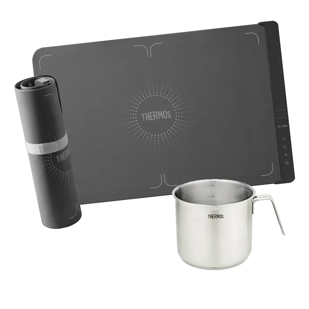 【THERMOS 膳魔師】不鏽鋼彎柄牛奶鍋湯鍋16cm+暖暖好食墊(MLK-S16B+EHAT-5901A-GY)(轉)