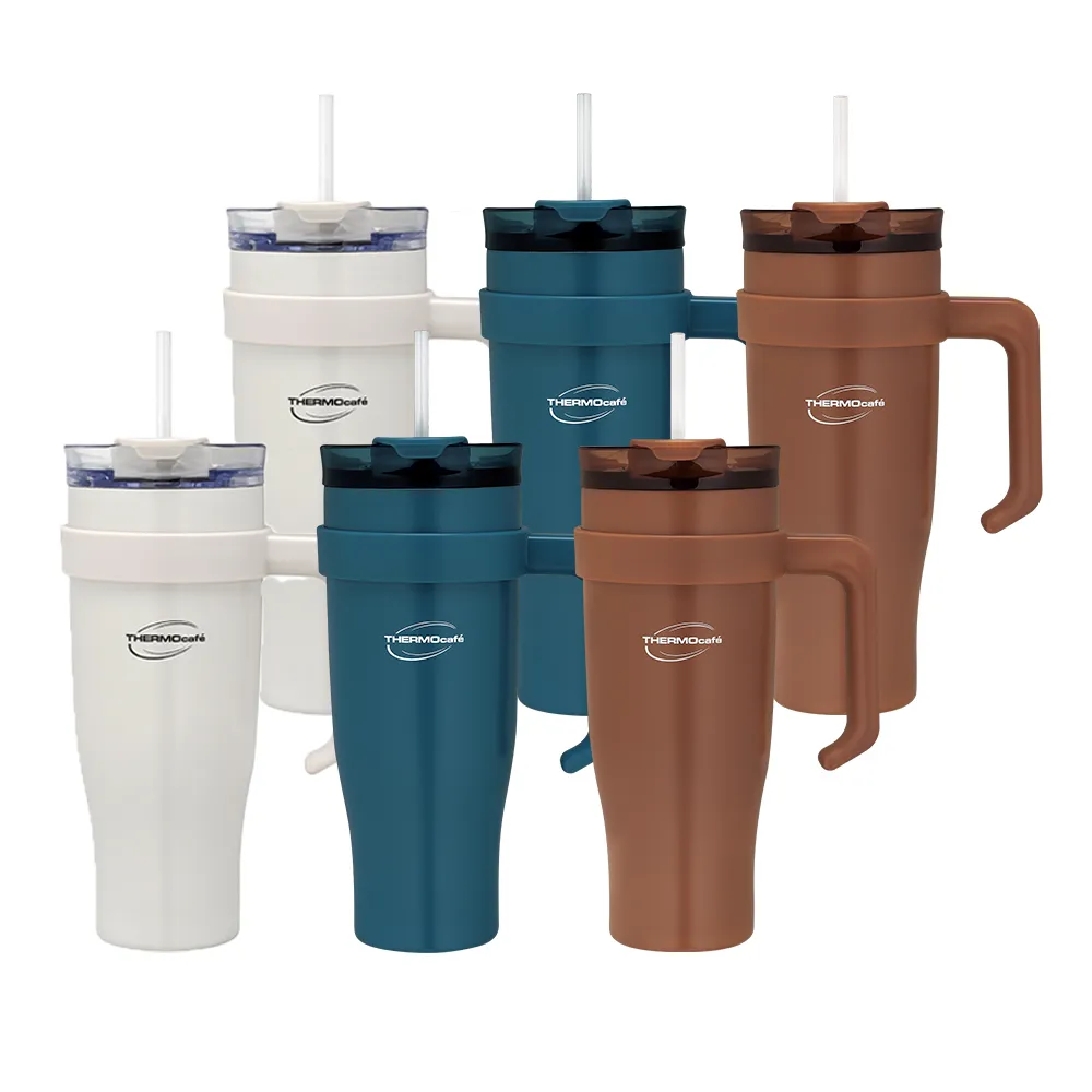 【THERMOcafe 凱菲】買1送1_不鏽鋼兩用吸管保冷杯手把杯1200ml(TCHC-1200吸管隨手杯)