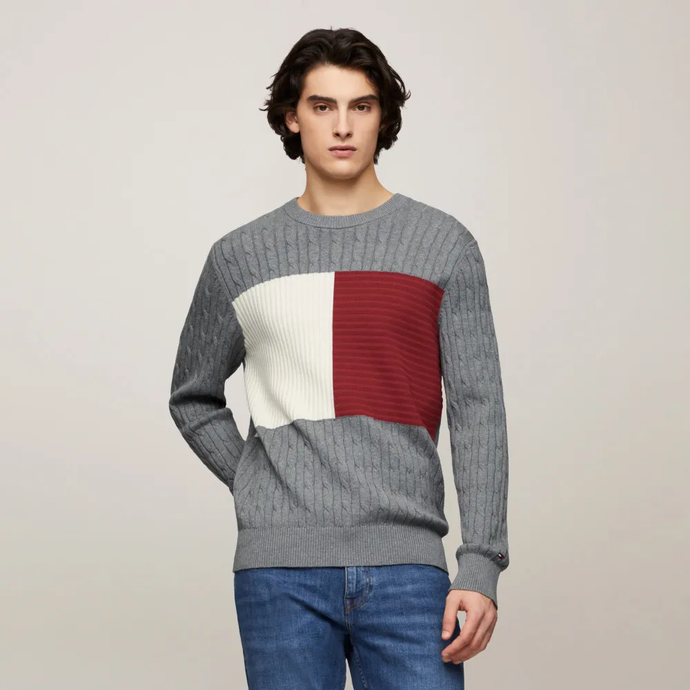 【TOMMY HILFIGER】官方旗艦館 絞花針織旗幟毛衣_灰色