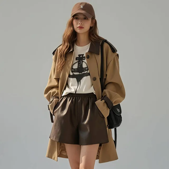 HANA DOGEハナ・ドーゲ 2WAY英倫海軍風率性皮革拼接可卸領風衣外套(領子可拆卸)