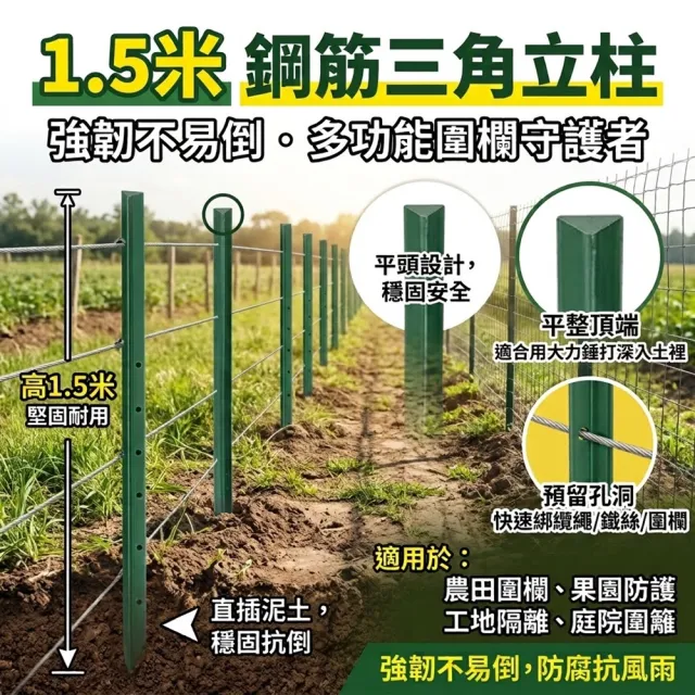 【poko】1.5米高 Y型鋼筋三角鐵立柱 10入組(菜園圍欄 雞欄網立柱 加厚實心尖頭 防銹戶外三角型 圍欄立桿