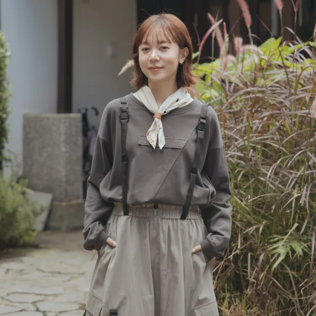 【MOSS CLUB】全棉寬鬆長袖不規則衣襬百搭T恤 藍 杏 灰