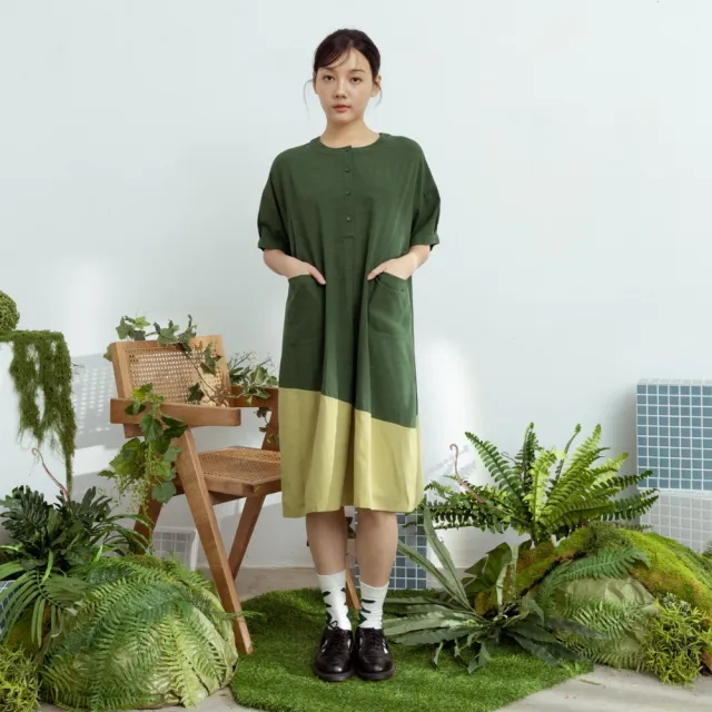 【MOSS CLUB】上下配色圓領半開襟短袖洋裝 藍 綠