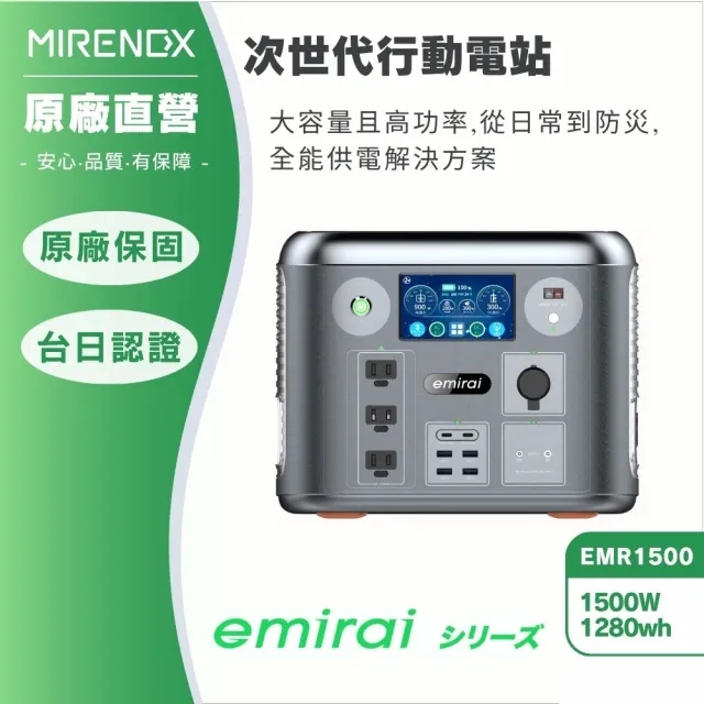 【MIRENEX】emirai次世代行動電站EMR1500 1500W/1280Wh戶外、露營、防災攜帶式行動電源(安全耐用磷酸鐵鋰)