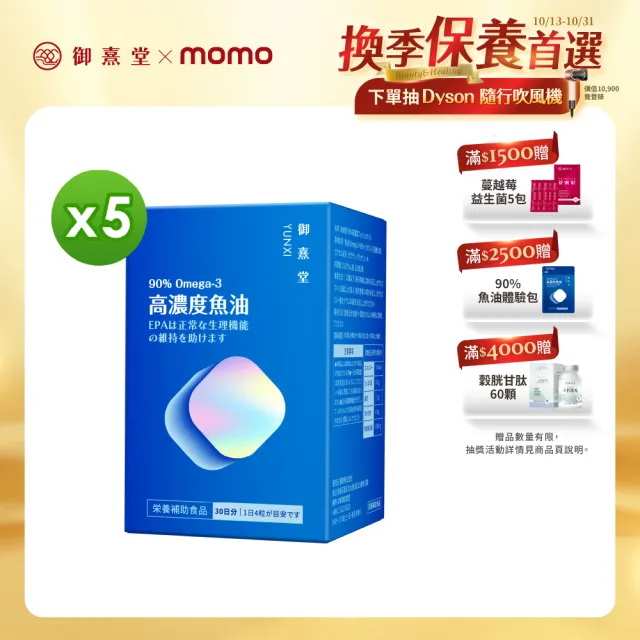 【御熹堂】黃金頂級 90%高濃度專利魚油5入組(一入120顆、醫師推薦、90%Omega-3、rTG好吸收)