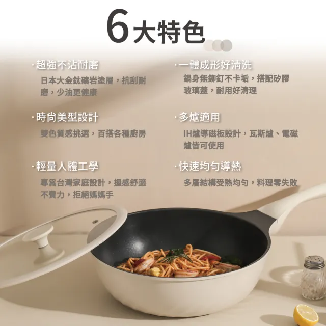【MASIONS 美心】新墨岩鍋 3D立體礦岩鈦合金不沾鍋炒鍋(28CM 附鍋蓋+電磁爐適用)