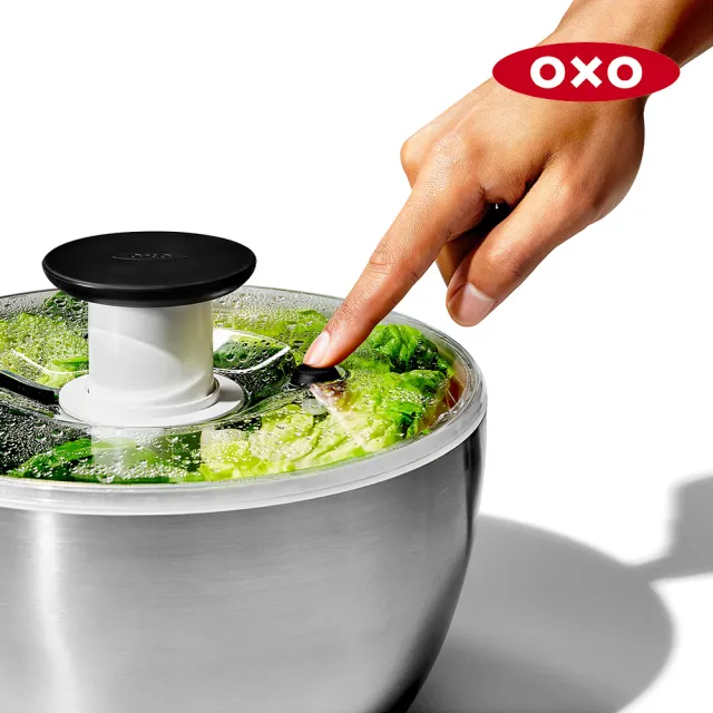 【OXO】OXO不鏽鋼按壓式蔬菜脫水器 6.5L (不鏽鋼盆身 快速旋轉 省力順手 可做沙拉盆 適用4-6人份)