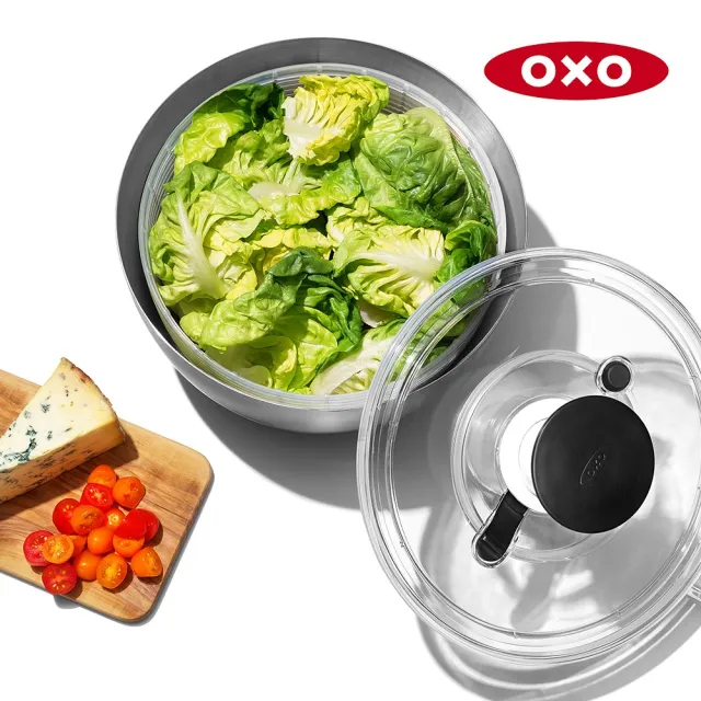 【OXO】OXO不鏽鋼按壓式蔬菜脫水器 6.5L (不鏽鋼盆身 快速旋轉 省力順手 可做沙拉盆 適用4-6人份)