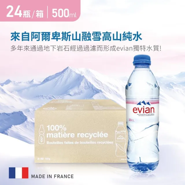 【Evian 依雲】天然礦泉水500mlx24入/箱(法國原裝進口)