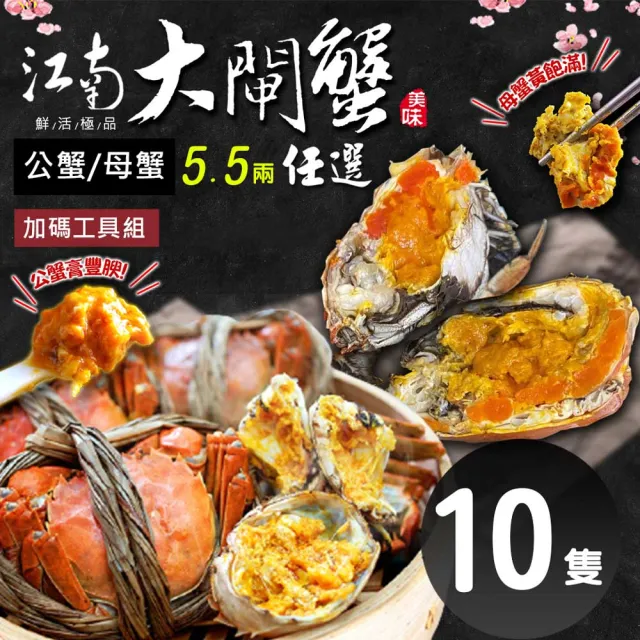 【優鮮配】特A規格活體江南大閘蟹公母任選5.5兩X10隻任選組(5.5兩/隻-加碼工具組)