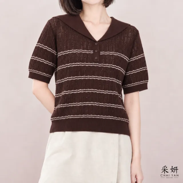 【CHAI YAN 采妍】復古海軍領條紋針織短袖上衣(秋冬女裝/中大尺碼/條紋針織/海軍領/短袖針織)