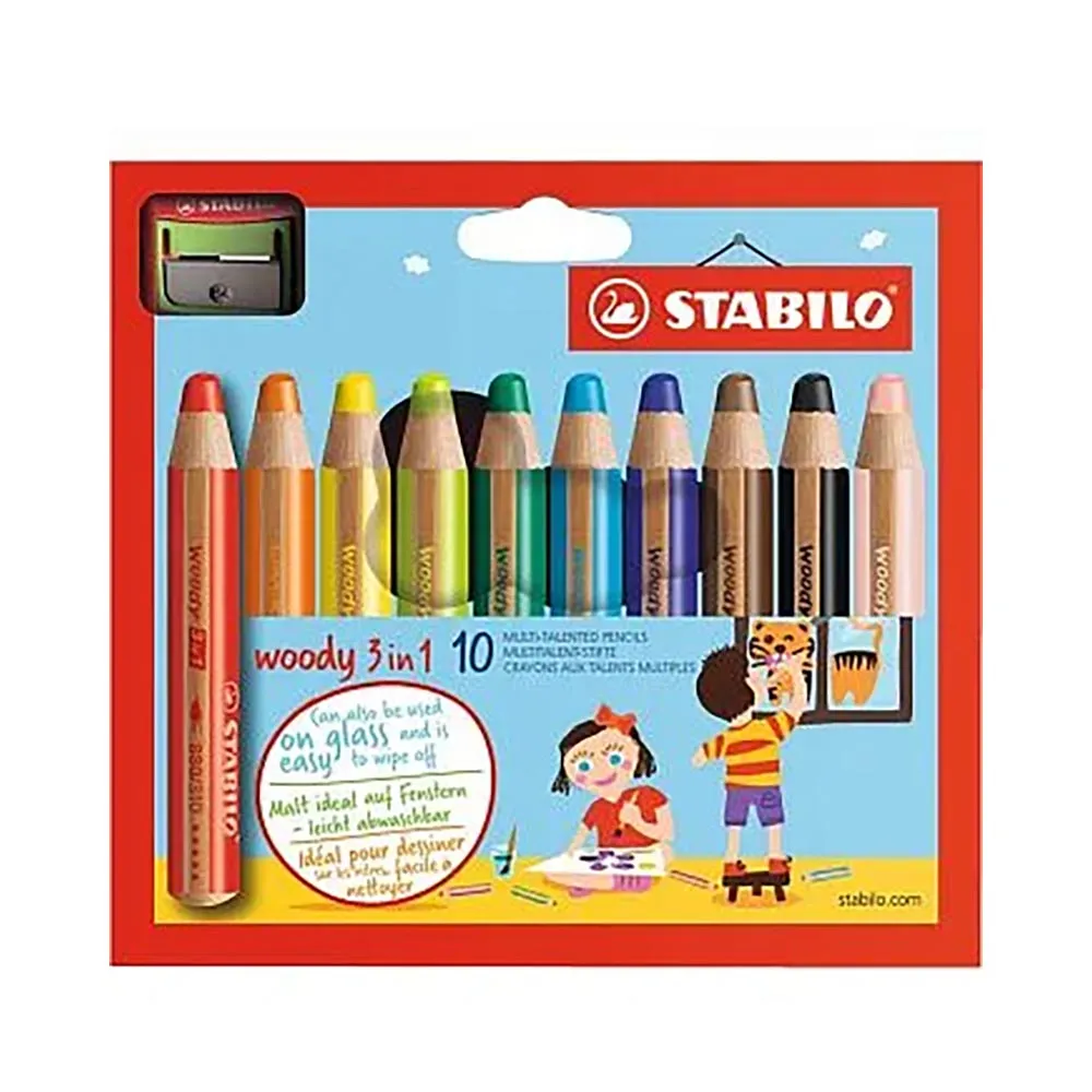 【STABILO】德國 思筆樂 woody 3 in 1 伍迪樂三合一可水洗水彩粉蠟筆 附削筆器 10支組/盒 ST880/10-2