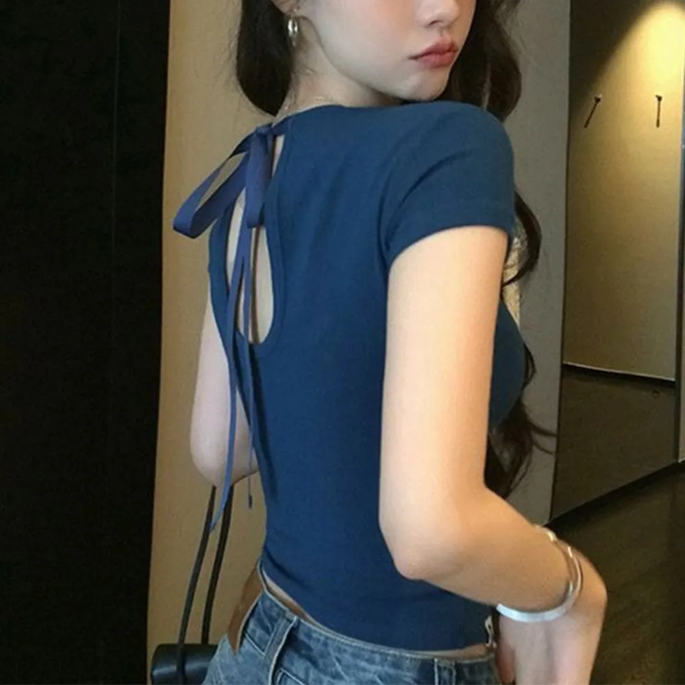 【D.studio】韓版綁帶露背短袖上衣 衣服 夏天女裝 短版上衣 短版t恤 短袖t恤 素T 運動上衣 顯瘦上衣  T710