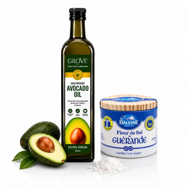 【GROVE 克羅福】紐西蘭第一品牌 頂級冷壓初榨酪梨油 原味 Avocado Oil 500ml+法國鹽之花125g雙11