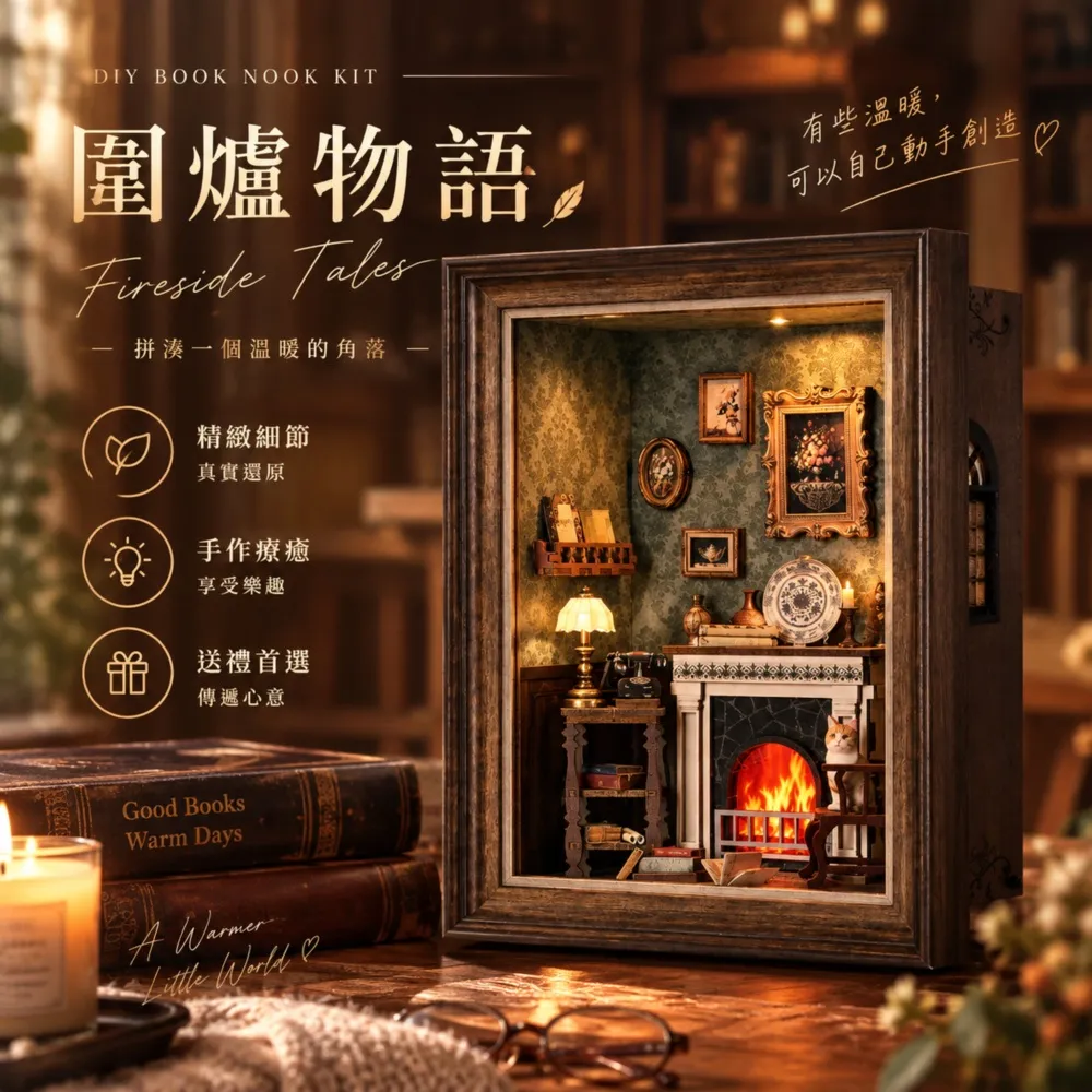 【ArtLife 藝術生活】ZR02 圍爐書語+防塵板+USB供電免電池 (微縮藝術精品 娃娃屋 DIY 交換禮物)