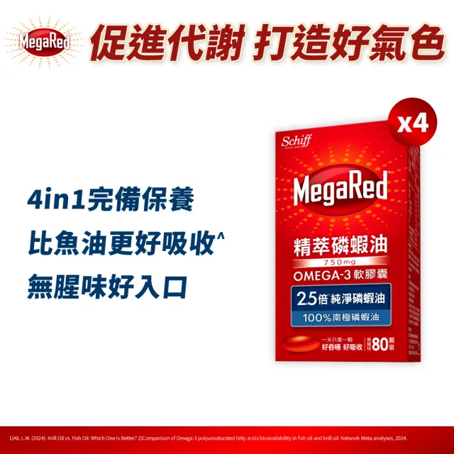 【Move Free 益節】MegaRed精萃磷蝦油OMEGA-3軟膠囊4瓶(共320顆 磷蝦油/Omega 3/DHA/EPA/蝦紅素)