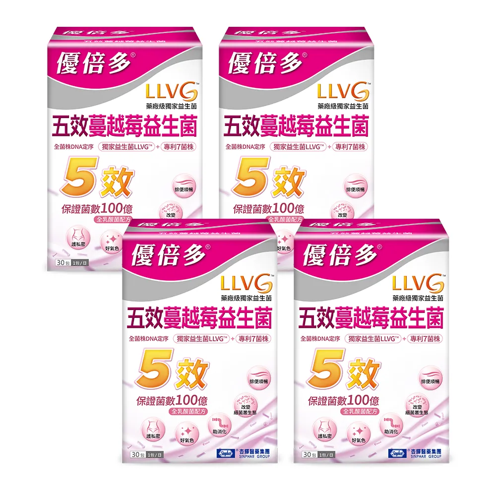 【YouBest 優倍多】五效蔓越莓益生菌4入(共120包)-順暢益生菌 杏輝獨家菌株LLVG 保證菌數100億