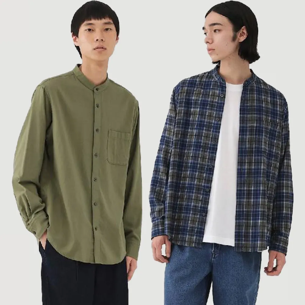 【MUJI 無印良品】男雙面起毛法蘭絨立領長袖襯衫(柔白/卡其/深藍/棕色/淺綠格紋/藍格紋/暗藍直紋/淺棕直紋)