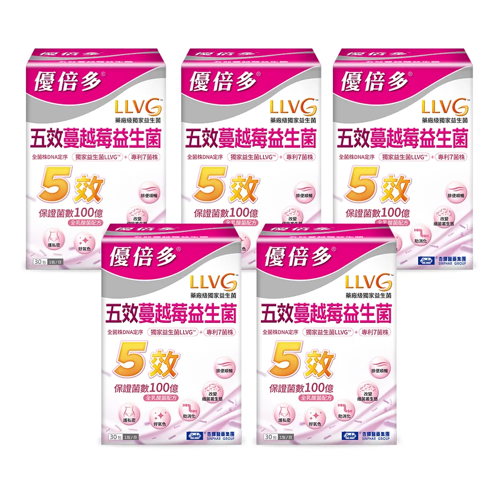 【YouBest 優倍多】五效蔓越莓益生菌5入(共150包-順暢益生菌 杏輝獨家菌株LLVG 保證菌數100億