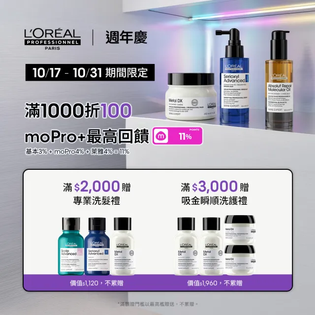 【L’OREAL 巴黎萊雅PRO】絲漾博吸金喚彩洗潤組(洗髮精300ml+髮膜/護髮250ml)