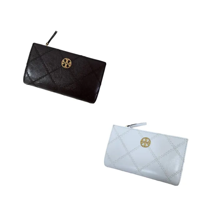 【TORY BURCH】TORY BURCH  TB 金色LOGO菱格紋雙層拉鍊雙釦對開中長夾 送禮 原廠紙盒紙袋