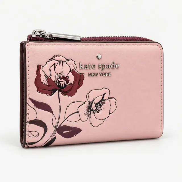 【KATE SPADE】Floral 浪漫花卉壓印 L型拉鍊短夾 小皮夾( 玫瑰煙粉色  熱賣新款)