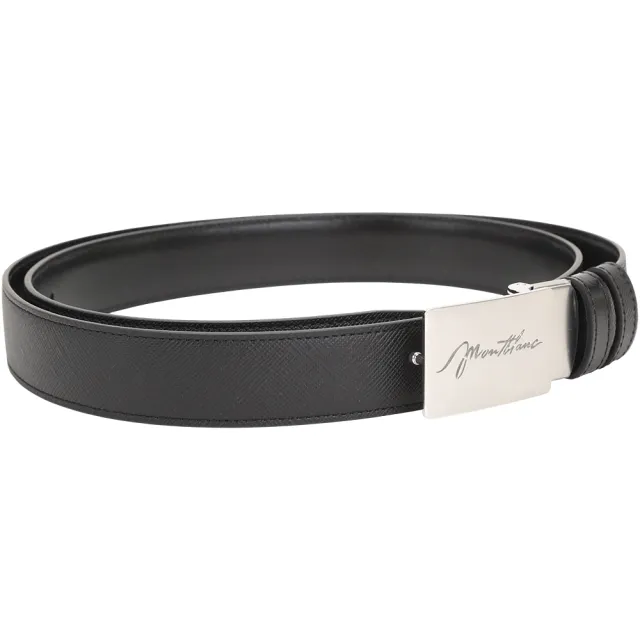 【MONTBLANC 萬寶龍】大師傑作 大班系列 30mm 草寫字母長方板扣防刮/滑皮雙面牛皮腰帶(黑色 真皮 皮帶)