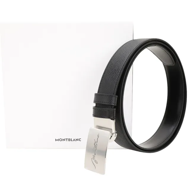 【MONTBLANC 萬寶龍】大師傑作 大班系列 30mm 草寫字母長方板扣防刮/滑皮雙面牛皮腰帶(黑色 真皮 皮帶)