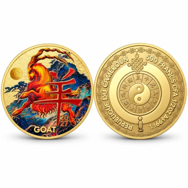 {行闊國際} 喀麥隆-2027 羊年 1/2盎司 999 鍍金 彩色精鑄銀幣 精品盒裝