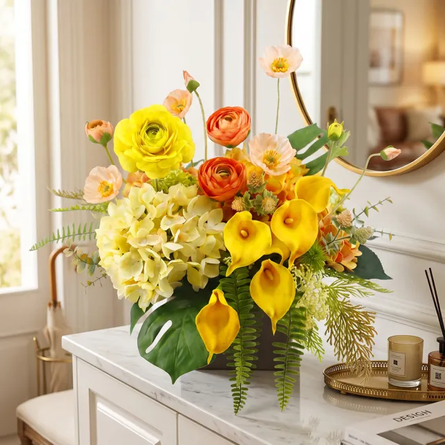 【HUGO DECO 榆果傢飾】豐盈暖陽海芋陸蓮皮革盆香氛花禮 免運專人配送限雙北市(開幕/擬真花/佈置/新居落成)