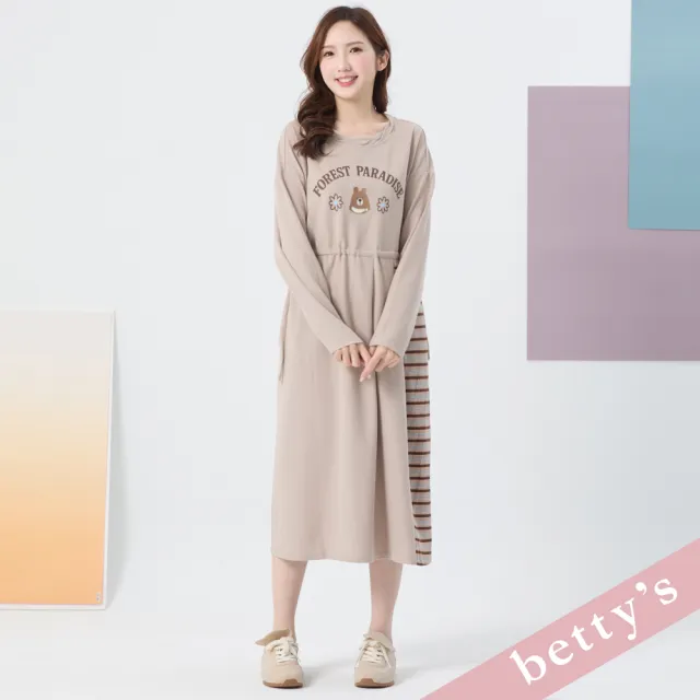 【betty’s 貝蒂思】花朵熊圓領長襬裁接條紋洋裝(共二色)