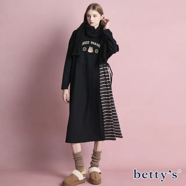 【betty’s 貝蒂思】花朵熊圓領長襬裁接條紋洋裝(共二色)