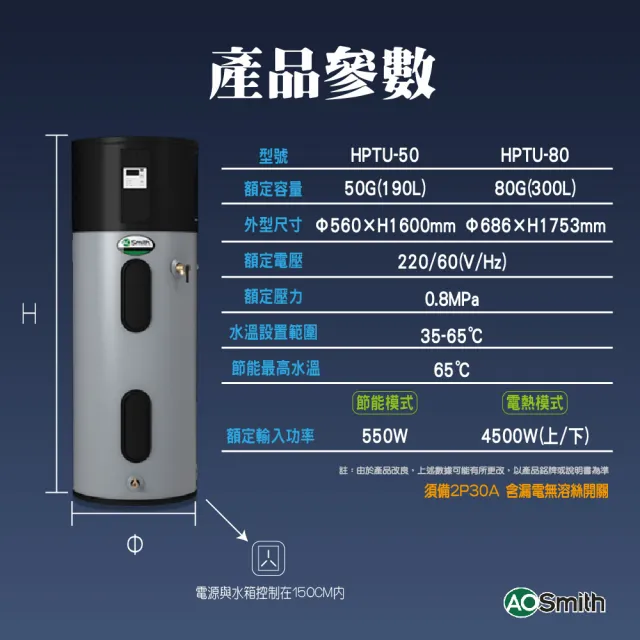 【A.O.Smith】AO史密斯 美國百年品牌 HPTU-80 超節能熱泵熱水器 機械式 300L-80加侖
