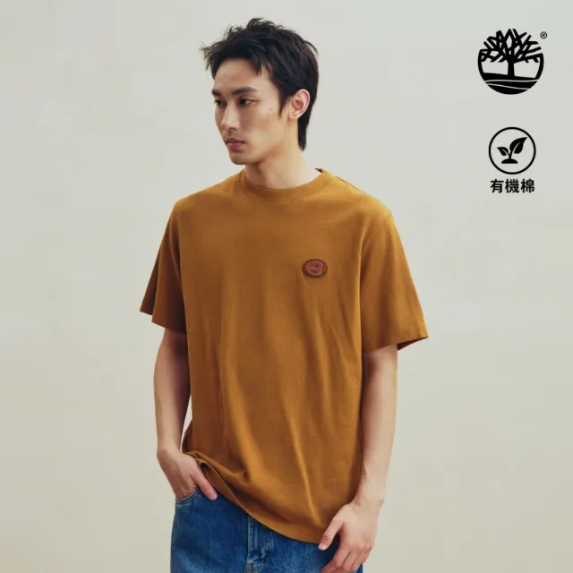 【Timberland】男款深小麥色厚磅皮革徽章短袖T恤(A26WWEH2)