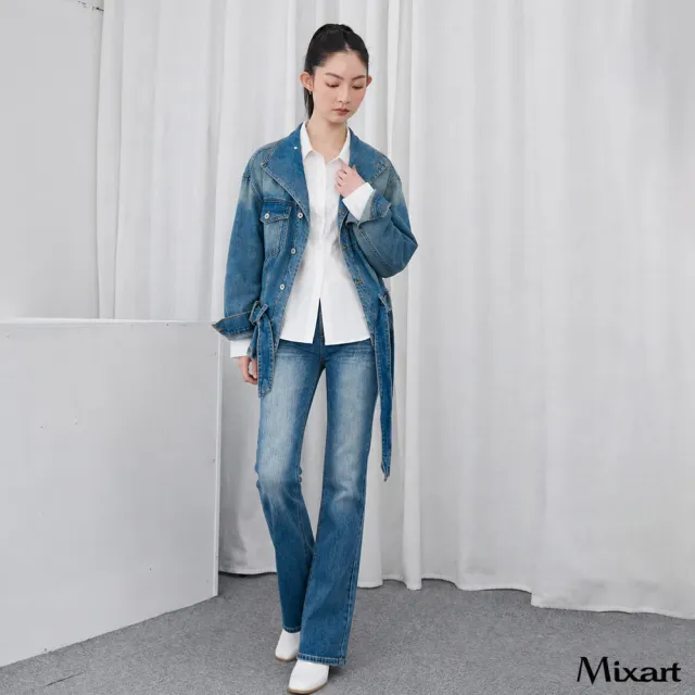 【Mixart】牛仔 長褲 顯瘦 復古漸層水洗修身直筒牛仔長褲