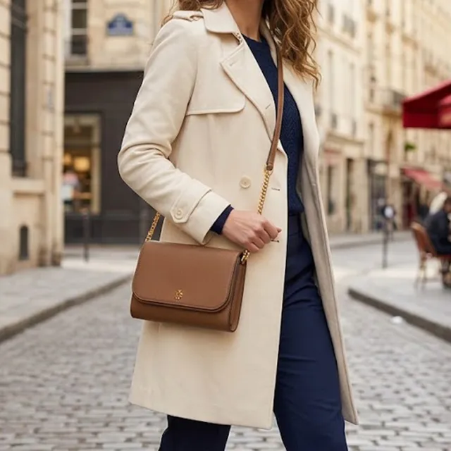 【TORY BURCH】防刮十字紋翻蓋鍊帶斜背WOC包-焦糖色