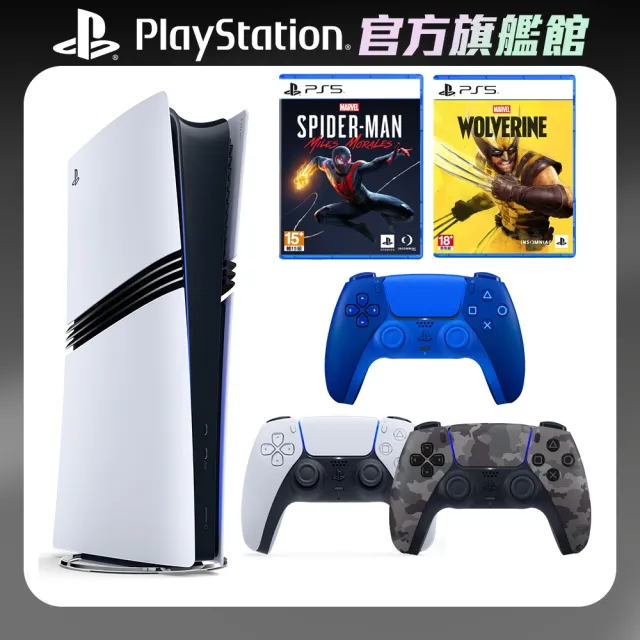 【SONY 索尼】PS5 Pro 遊戲主機+《蜘蛛人》+《金鋼狼》+《控制器(深灰迷彩+經典藍)》
