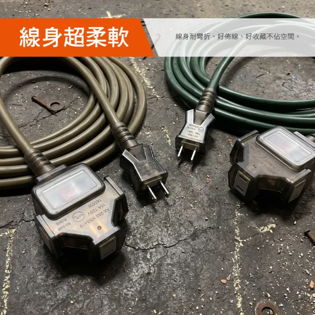 【PowerSync 群加】2P 1擴3插工業用動力延長線/軍綠色/5M(TU3C5050)