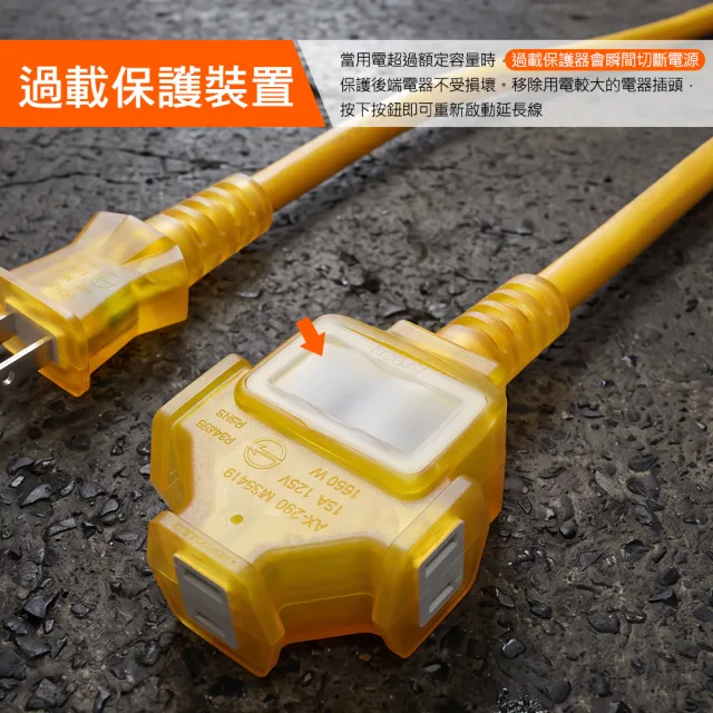 【PowerSync 群加】2P 1擴3插工業用動力延長線/黃色/5m(TU3C4050)