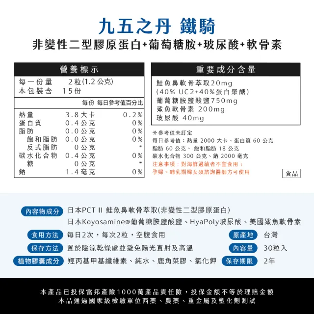 【JIU WU DAN 九五之丹】鐵騎 非變性二型膠原蛋白+葡萄糖胺+軟骨素 2包共60粒(世界品質金獎PCT-II)