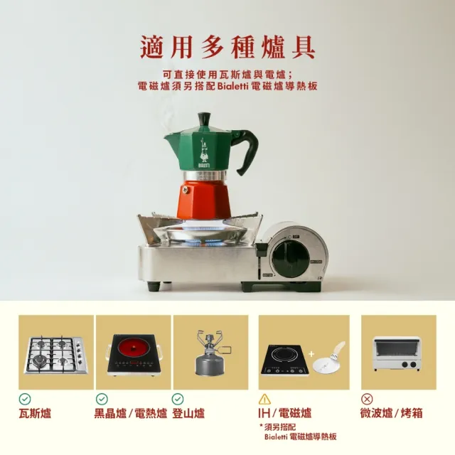 【Bialetti 比亞樂堤】Moka Express Italia 義大利三色經典摩卡壺(咖啡壺/免插電咖啡機)