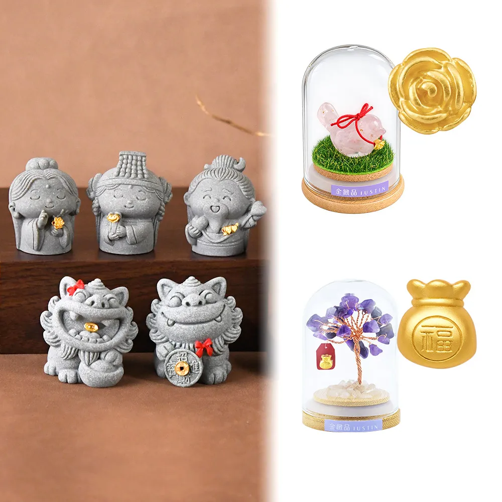 【金緻品】黃金擺件 可愛擺飾 0.04錢 多選 小石像 元寶 古錢 小金豆 媽祖 愛情鳥 水晶樹 招財擺飾
