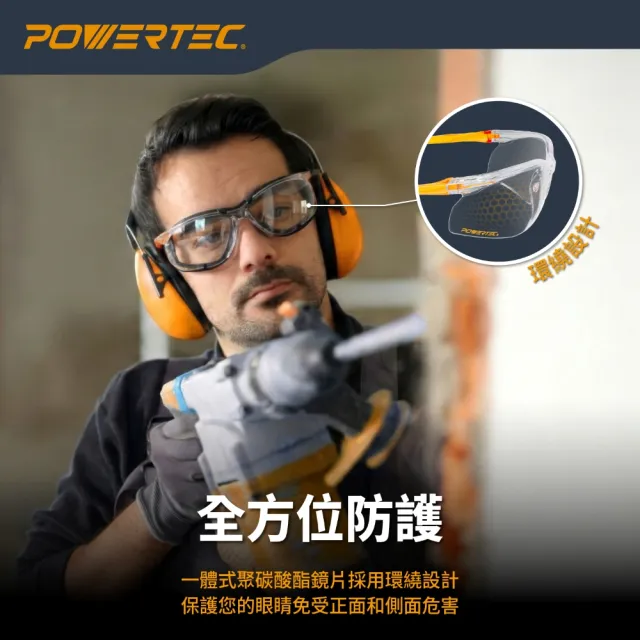 POWERTEC 護目鏡 ANSI認證 超輕量 可拆卸EVA緩衝墊 抗UV400 防衝擊 木工 工業防護