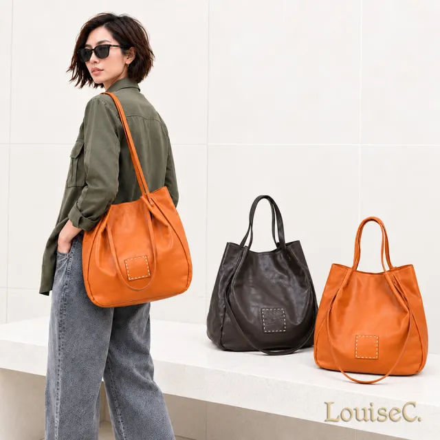【LouiseC.】雙11 Tree House 植鞣革牛皮 大尺寸 方型手縫線 托特TOTE 手提肩背大真皮包 2色 真皮包包 CC80